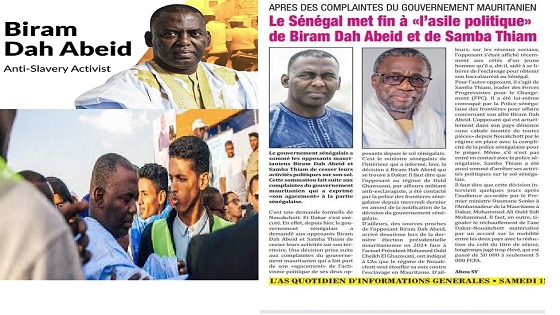Biram Dah Abeid de IRA sommé de mettre fin à ses activités politiques au Sénégal.